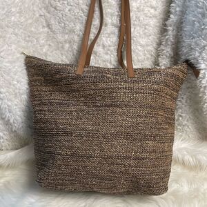 Grossi woven marble Brown woven faux straw large tote brown faux leather straps